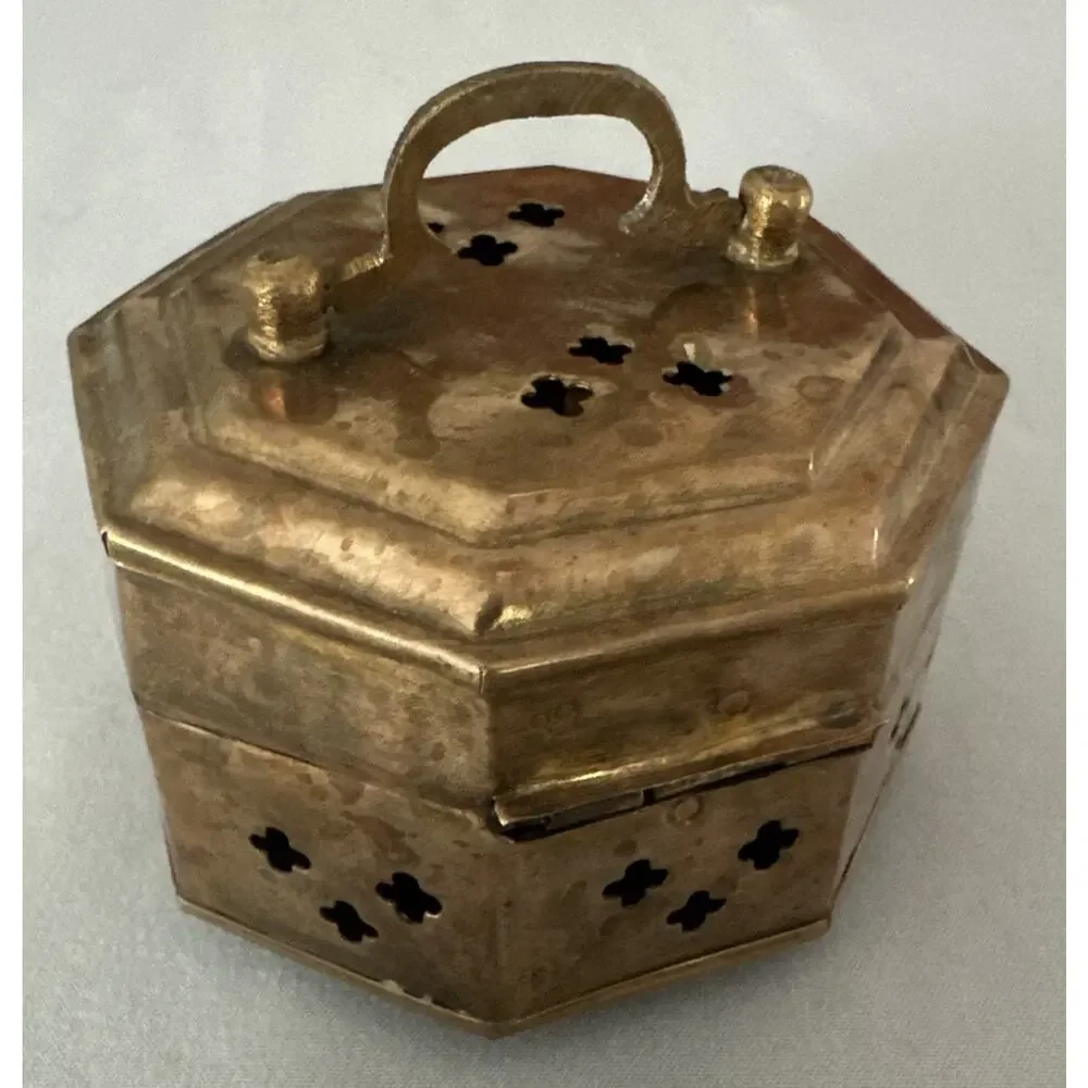 Vintage '70s Brass Trinket Incense Octagon Box~Hinged Lid & Latch Made in India